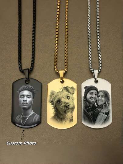 Customizable Portrait And Text Corn Chain Necklace - Customizable Stainless Steel Men's Corn Chain Necklace - Minimalist Memorial Photo Corn Chain Necklace - Custom Gift - Picture Gift - Personalized Necklace - Anniversary Gift - Personalized Gift - Gift For Boyfriend - Simple Necklace - Birthday Gift - Customized Photo Engraved Corn Chain Necklace, Chic Autumn, Black, Silver