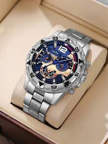 Reloj de pulsera de acero inoxidable de alta gama con 3 esferas, cristal luminoso y esfera redonda para hombres - Multicolor - Ver 19