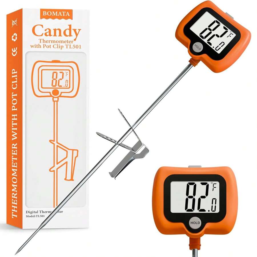BOMATA Candy Thermometer With Pot Clip, 8" Long Probe, Rotating Display, High Accuracy Instant Read Digital Thermometer For Food, Candle Making, Liquids, Cooking, Baking, Grilling. Baking Tool, White - Orange - View 1
