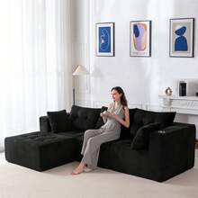 Sofá modular Cloud, sofá moderno y cómodo de pana para la sala de estar, sillón reclinable con reposapiés, sofá en caja, no requiere montaje. - Negro - Ver 2