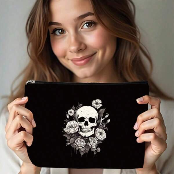 Gothic Skull And Floral Print Canvas Cosmetic Bag – Perfect Gift For Unique Women, Sisters, Girls, And Nieces – Makeup And Travel Essentials Organizer – Ideal For Christmas, Thanksgiving, Halloween, And Birthdays
