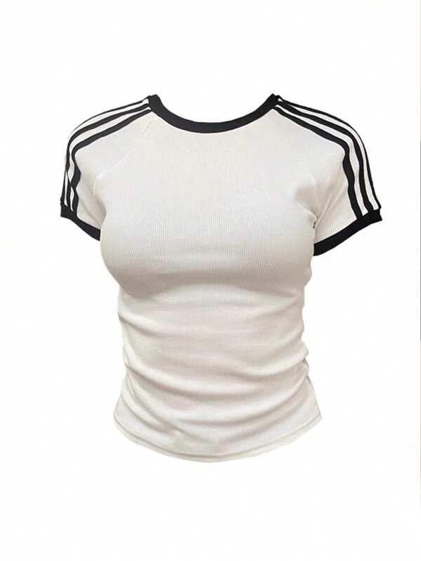 Women's Casual Daily Commute Black & White Stripe Crop Top Tee