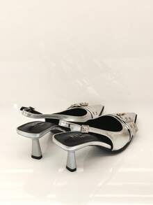 RevReaL Pointed Toe Slingback Heels With Double Buckle Detail - Minimalist Chic Pumps - Silver - View 5
