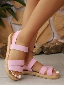 Women's Elastic Strap Slip-On Flat Sandals, Lightweight Comfortable Straw-Like Bottom, Beach Style For Summer - Pink - View 4