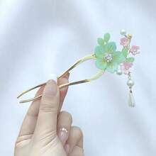VENDAD-Ancient Style Elegant Flower Tassel Hairpin Vintage Floral Hair Pin Mint Green And Pink Flowers With Pearl Tassel Chinese Style Hairpin Hair Accories - 阿斯普特 - 查看 2