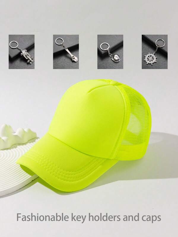 2pcs Set Of Fashionable Key Chains & Women's Solid Color Mesh Minimalist Lightweight Baseball Cap, Sun Hat, Suitable For Everyday Wear, Various Occasions