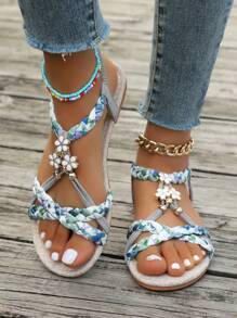 WRCVS Gray Women's Sandals, Summer Women's Flat Sandals, Retro Shoes, Handmade Beaded Sandals, Woven Strap Flat Shoes, Lightweight Anti-Slip Beach Vacation Floral Patterned Outdoor Sandals