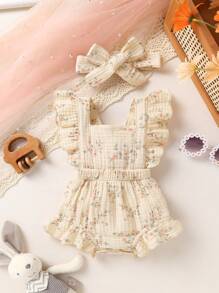 两件套休闲优雅甜美可爱女宝宝连体衣连衣裙，柔软舒适，荷叶边纯色连体衣和发带套装