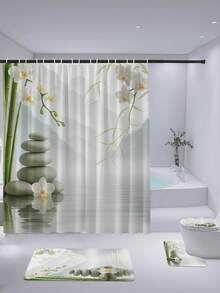 1/4pcs Zen Rock & Orchid Design Shower Curtain, Modern Personalized Bathroom Decor, Waterproof Fabric Shower Curtain Set (With 12 Hooks), Non-Slip Bathroom Rug, U-Shaped Toilet Mat, Toilet Seat Cover, Bathroom Decoration Back To School