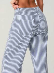 Womens High Rise Jeans Retro Classic Striped Print Wide Leg Denim Pants Boyfriend Jeans With Pockets - Màu xanh lam - Xem 4
