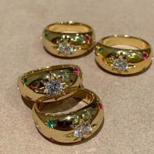 1 anel feminino de luxo estilo vintage francês com zircônia banhada a ouro 18K