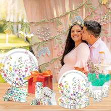 80pcs/120ocs Floral-Themed Cutlery Set, Disposable Cutlery Set, Party Cutlery Set, Wedding Cutlery, Birthday Cutlery, Party Decorations, Disposable Plates, Plates, Paper Cups And Napkins, Meet 20/30 Guests, Table Decorations, Ambience, Party Supplies