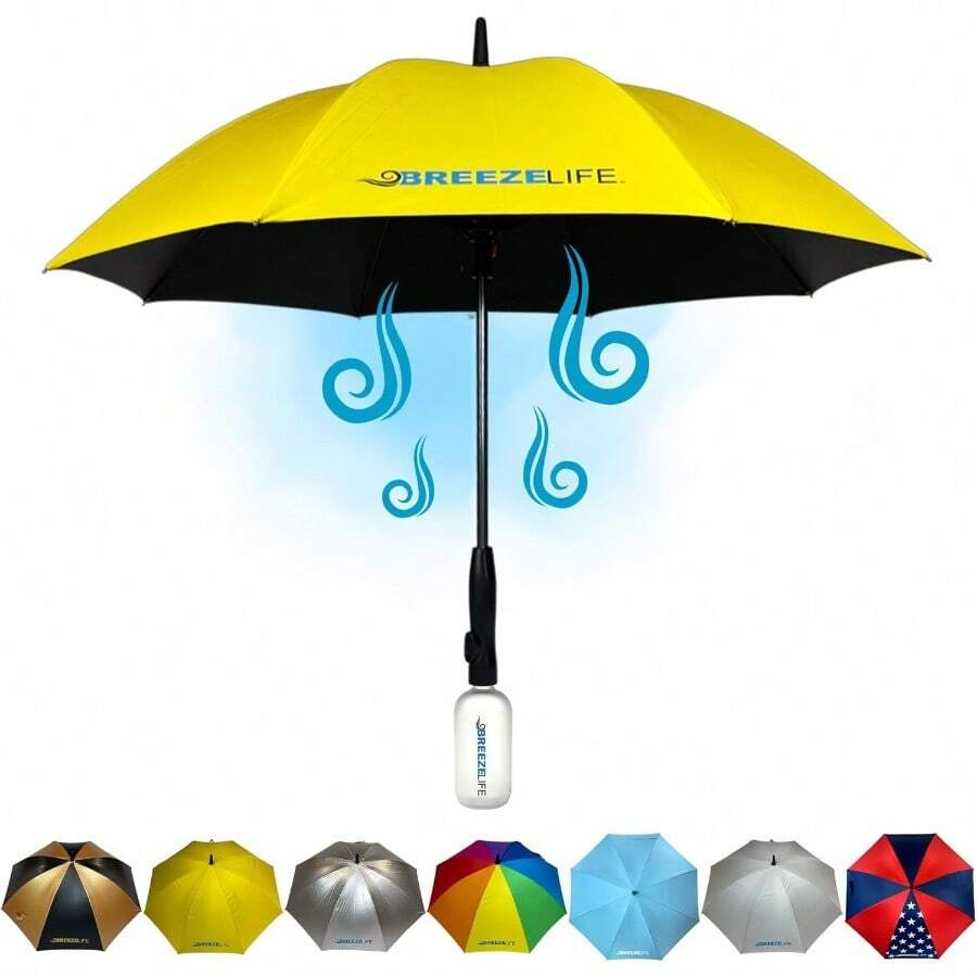 Original Mister Breeze Sun Umbrella With Fan And Mister Umbrella Mister With Builtin Fan For Festivals Beach And More. Yellow - Yellow - View 1
