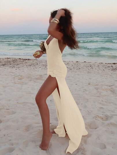 女士优雅 V 领露背连衣裙，性感透明夏季海滩度假高开叉花卉罩衫连衣裙