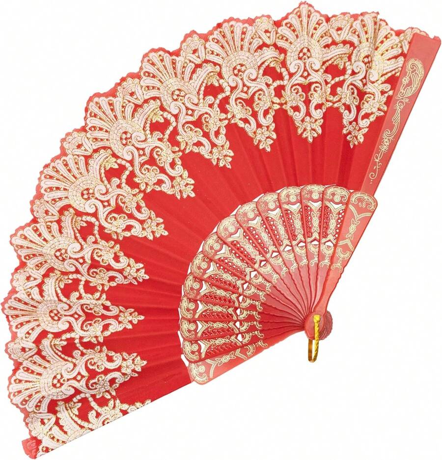Handheld Chinese Folding Fan Hand Fans For Women Foldable Bulk For Party Wedding Church Dancing (Red) - Redwood - View 1