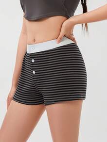 Women Lounge Shorts Low Waist Button Closure Printed Slim Pajama Shorts Sleepwear - 深灰色 - 查看 7