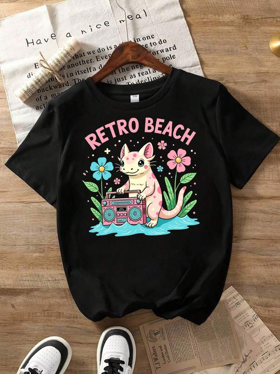 Cute Mexican Axolotl  "Cartoon Retro Beach" Cotton T-Shirt, Black Casual Tee With Cat And Flowers, Comfy & Cute Summer Art Print Summer Tops For Boys & Girls Tween Girl & Boy Clothes - Black - View 1