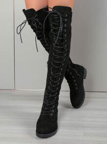 Małe rozmiary kowbojek w stylu western, sznurowane botki, modne buty rurki, buty jeździeckie, sznurowane buty do kolan, damskie buty na grubym obcasie, płaskie, w jednolitym kolorze, zapinane na suwak z boku, duże buty do kolan, wysokie buty z okrągłym noskiem, czarne buty do kolan, małe rozmiary