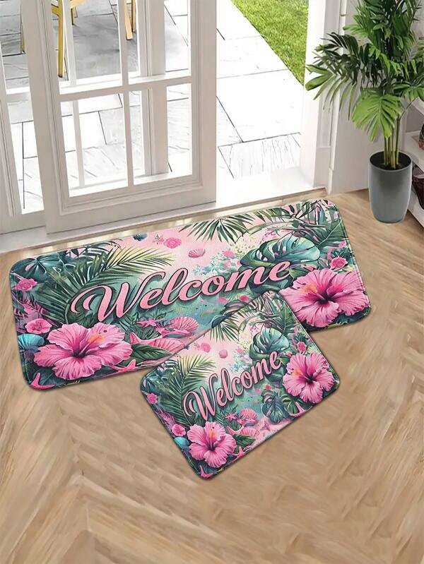 1pc Flannel Pink Floral & Leaf Pattern Floor Mat, Modern "Welcome" Rectangular Home Entrance Doormat, Soft Non-Slip Small Rug, Kitchen Runner, Suitable For Bathroom, Living Room, Bedroom, Laundry Room, All Seasons