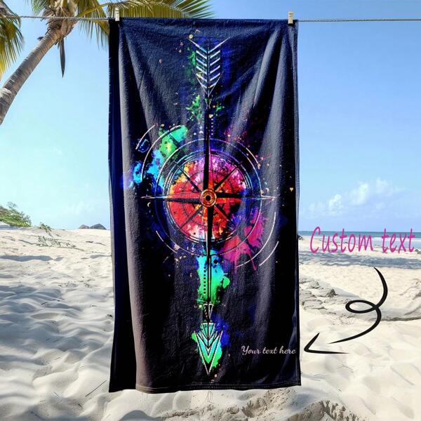 Customizable Beach Towel: Made Of Soft And Skin-Friendly Towel Fabric, Offering An Ultimate Comfortable Experience. The Deep Black Background Features A Vintage Ancient Compass Rose In The Center, With An Arrow Piercing Through It, Creating A Mysterious And Beautiful Exploration Totem. Supports Customized Text To Create A Personalized Mark.