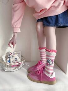 Sanrio 3/6/9 Pares de Meias Femininas com Listras, Xadrez, Renda, Estampa do Personagem Sanrio Hello Kitty, Estilo Fofo e Doce de Escola, Respiráveis, Cano Médio, Adequadas para Todas as Estações