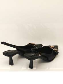 RevReaL Pointed Toe Slingback Heels With Double Buckle Detail - Minimalist Chic Pumps - Black - View 5