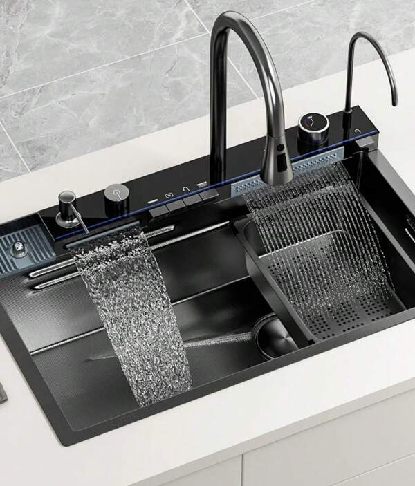 Lavello in acciaio inox con display digitale, rivestimento nano a nido d'ape, rubinetto estraibile e doppio scarico - Spazio di lavoro moderno per una pulizia efficiente e un funzionamento silenzioso, accessori per lavelli da cucina