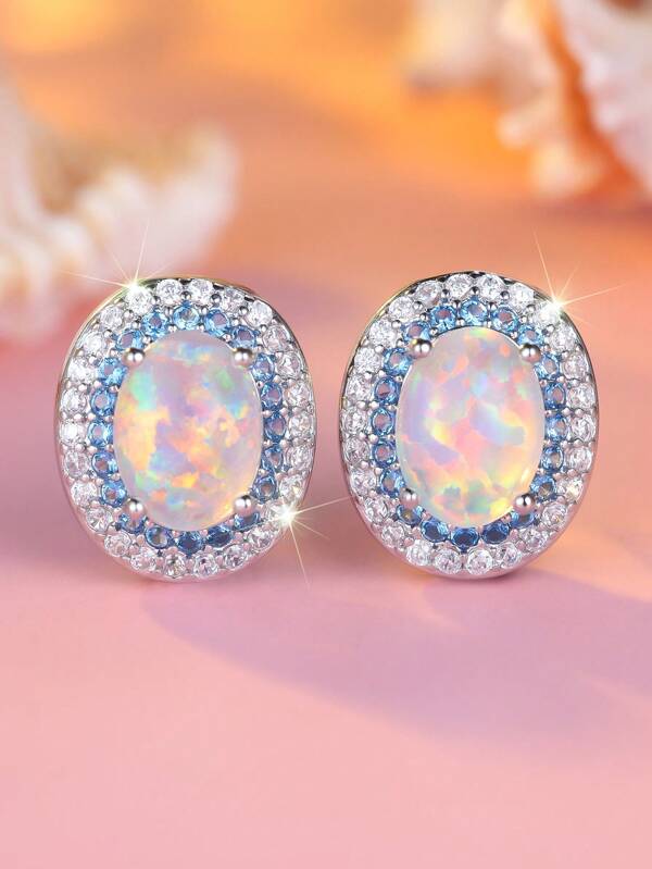 1 Pair Elegant Oval Synthetic White Opal Plated White Gold Color Earrings - Luxury Wedding Party Everyday Jewelry - Durable And Shiny Accessory