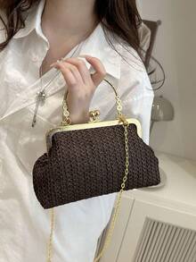 2025 新款女士草编链条斜挎包，时尚手拿包，带肩带，纯色 - 咖啡 - 查看 4