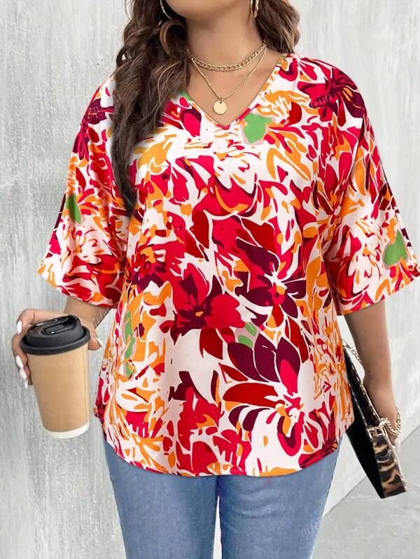 Plus Size Women's Summer Floral Top, V - Neck Half - Sleeve, Ideal Vacation Outfits, Summer Clothes, Must - Have Loose Fit Tee For Casual Days