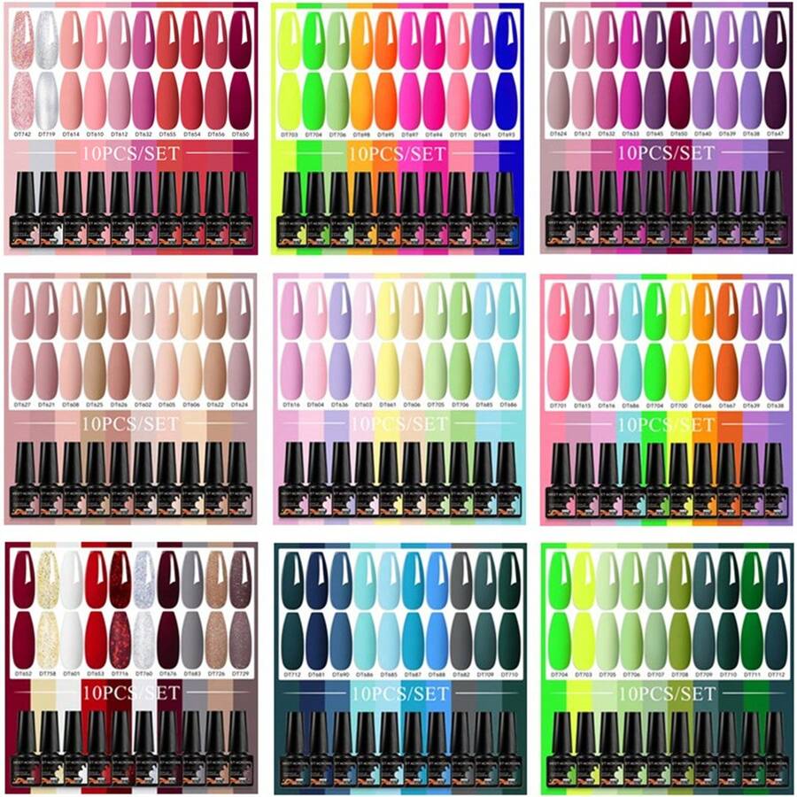 MEET ACROSS 10pcs 7.3ml Hot Pink Red Gel Nail Polish Set , Long Lasting, Lead-Free, Shine Finish, Glitter Semi Permanent Soak Off UV Gel Varnish For Summer Nails, DIY Nail Art Design All For Decoration, Manicure Painting Gel Vernis Kits For Salon And Home Nail Supplies - 彩色 - 查看 1
