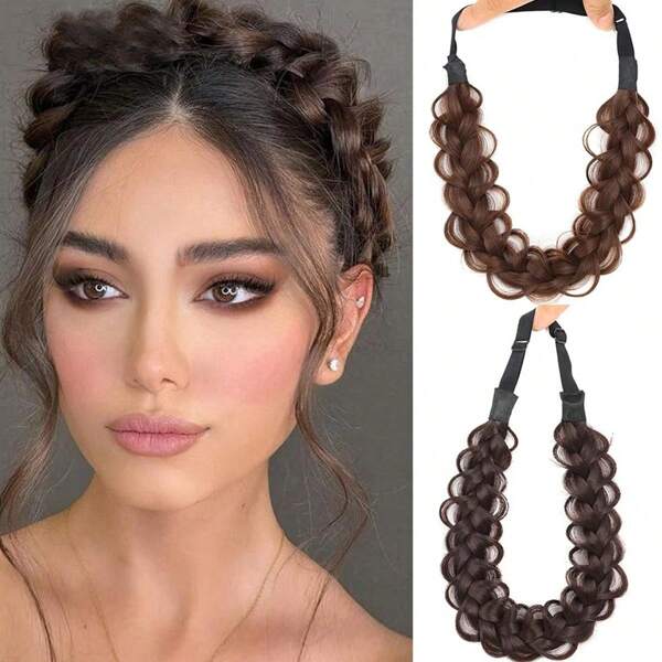 Diadema trenzada de pelo sintético con trenzas en color negro, marrón y dorado, con banda elástica ajustable, accesorio de cabello para mujeres y niñas