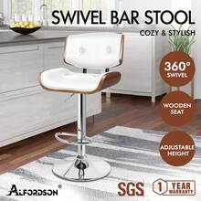 ALFORDSON Bar Stool, Height-Adjustable Swivel Kitchen Stool, Odette Wooden Counter Stool, Gas Lift, Buttoned PU Leather, Black - White - View 1