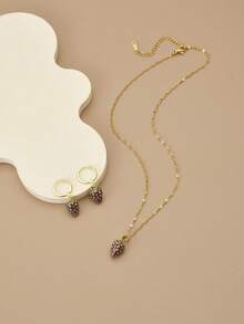 3pcs Set Red 3D Strawberry Stainless Steel Delicate Luxurious Women Necklace & Earrings - Yellow Gold - View 9