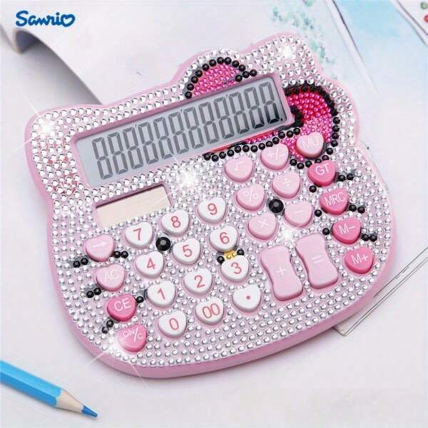 Sanrio Calculadora Hello Kitty com cristais decorativos cravejados de diamantes, 1 peça, com laço movido a energia solar e botões em formato de coração, design de desenho animado, requer pilhas