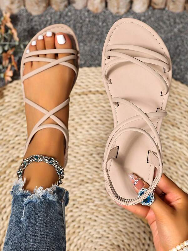 Sandalias planas para mujer, con diseño de suela antideslizante, estilo minimalista de tiras, adecuadas para caminar, uso casual, de unicolor, sandalias de tiritas retro, para uso doméstico, al aire libre, ir y venir, de piel de PU, con strass en forma de cruz, sandalias planas para damas, para vacaciones de verano