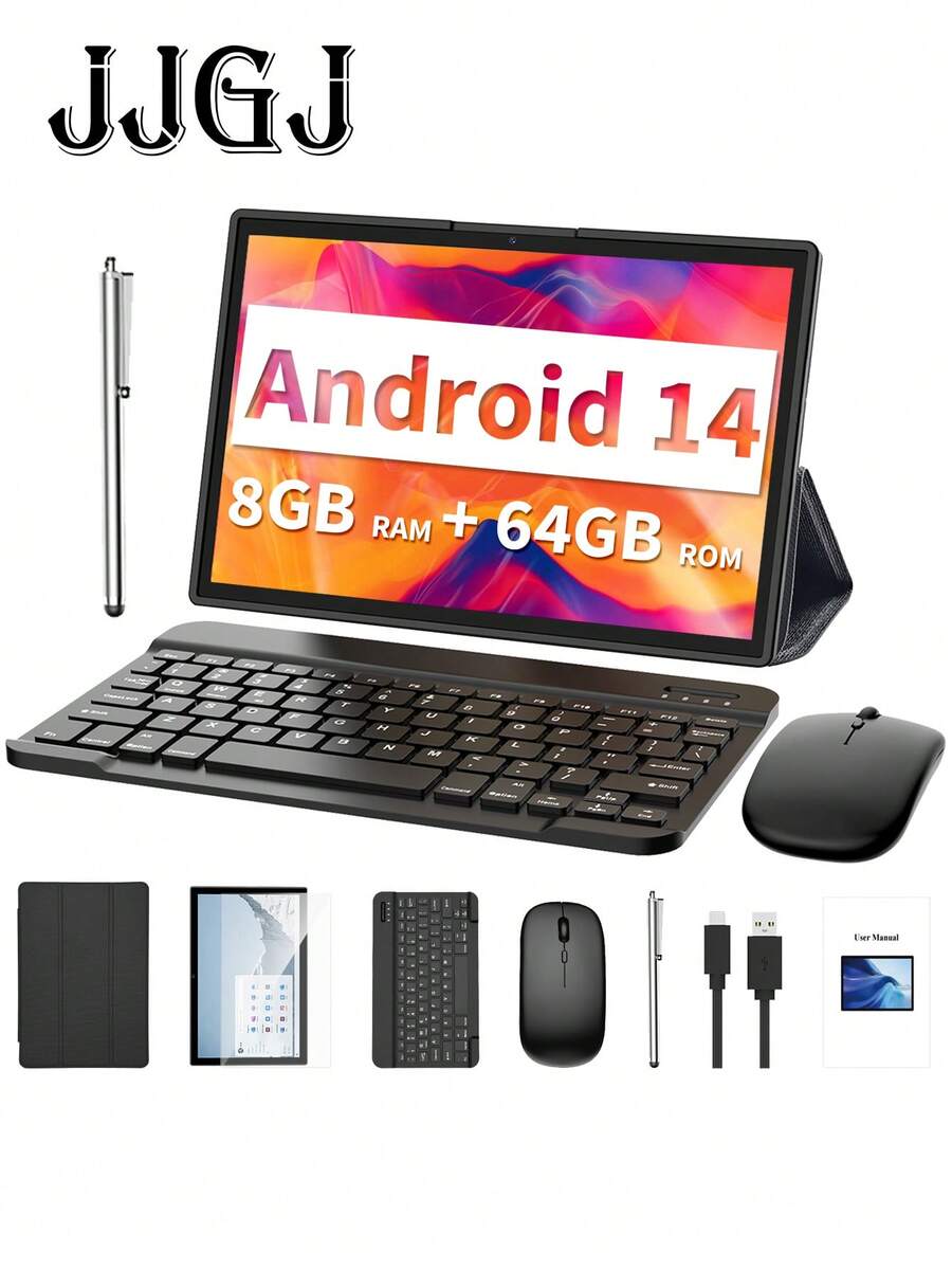 JJGJ 2025 Android 14 Tablet With Keyboard, 8GB RAM + 64GB ROM, 1TB SD Expansion, 10.1-Inch 1280*800 IPS Screen, 2.4g + 5g WiFi, 6000mAh, Type-C Port, 5MP + 8MP Dual Camera, With Free Keyboard, Mouse, Stylus, Leather Case, Screen Protector, Data Cable (No Adapter) - Black - 黑色 - 查看 1