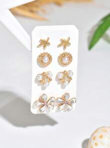 8pcs/Set Summer Fashion Beach Vacation Ocean Element Flower Pearl Crystal Starfish Golden Metal Texture Women Flat Earring Jewelry Set, Suitable For Casual, Vacation, Date, Gift, Party, Match With Bikini, 1 Week Earring Set