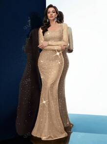 Evening Gown Women Rhinestone Formal Dress For Evening Party, Formal Events, Cocktail Party, Charity Prom, Long Sleeve Fishtail Dresses