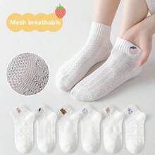 [6 colores] Nuevos llegados para otoño: calcetines finos y transpirables de verano para niñas. Calcetines bordados con malla linda y estilizada de dibujos animados para niños en verano, estilo japonés. Adecuados para bebés de 3 a 12 años. calcetines blancos de estilo japones
