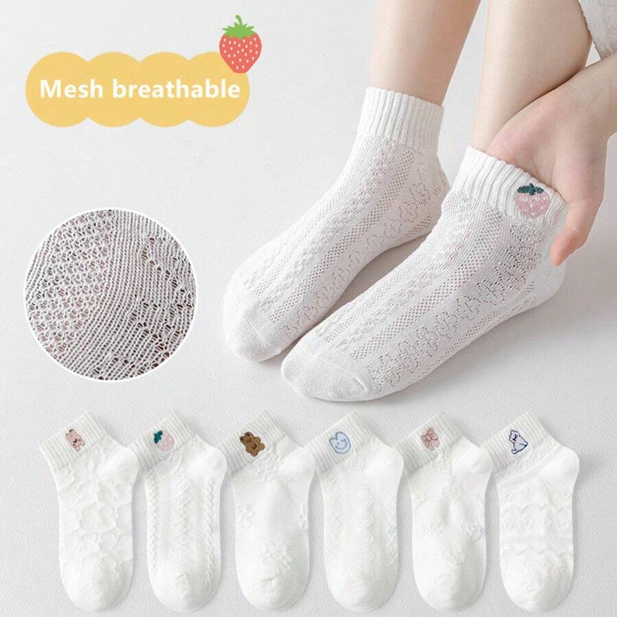 [6 colores] Nuevos llegados para otoño: calcetines finos y transpirables de verano para niñas. Calcetines bordados con malla linda y estilizada de dibujos animados para niños en verano, estilo japonés. Adecuados para bebés de 3 a 12 años. calcetines blancos de estilo japones