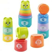 9pcs Baby Multi-Color Nesting Cups Set, Stacking Tower Color Recognition Cognitive Training Educational Toys (Color Random)Educational Nesting Rings With Animal Top & Vehicle DIY Stickers For Learning Numbers And Letters,Multicolor,Kids Toys,Travel Toys For Girls,Boys' Games,Birthday Gifts,Cartoon Bear Jenga,School Supplies,Children's Intellectual Games,Soft Blocks,6 Month Old Toys,Toddler Christmas Gift