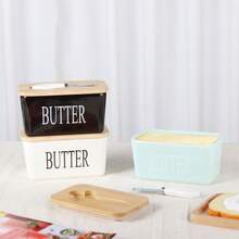 Ceramic Butter Dish, Rectangular Ceramic Butter Dish With Wooden Lid And Butter Knife, 500ml/600ml/850ml Simple Western Style Cheese Storage Box Ceramic Butter Holder - White - View 10