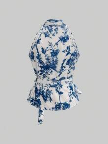 Top sin mangas de tirantes con escote en V y estampado floral para mujeres, nuevo diseño versátil para el verano - Azul - Ver 2