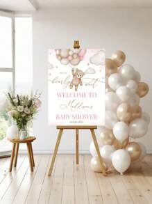 1 pieza - Cartel de bienvenida personalizado con globo de oso marrón para baby shower - Cartel de bienvenida de cumpleaños de oso rosa, decoración de fiesta rosa, plantilla de logotipo de bienvenida de cumpleaños impresa en lienzo, decoración de baby shower de oso rosa, póster personalizado, póster para exteriores - Póster de lienzo personalizado, plantilla de logotipo de bienvenida de cumpleaños, actividades artísticas para niños