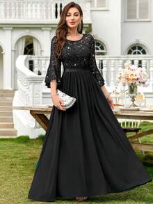 MIUSOL 亮片花卉蕾丝喇叭袖撞色褶裥下摆正式派对长裙，婚礼宾客礼服 - 黑色 - 查看 10