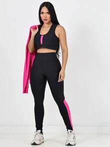 TRIO - 3 Piece Fitness Kit Bomber Jacket + Top + Dry Fit Pants - Hot Pink - View 4