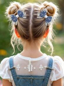 2 piezas Lazos de pelo de encaje y denim para niñas - Lazos de encaje beige con pinzas de cocodrilo, lazos de denim azul con lentejuelas - Elegantes pinzas de lazo para bodas, vacaciones, accesorios de pelo para niños