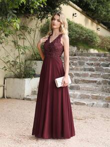 Babyonlinedress BABYONLINE D.R.E.S.S. V-Neck Guipure Lace Insert Chiffon A-Line Prom Bridesmaid Dresses,Formal Wedding Guest Gown, For Graduation, Dinner - 酒紅色 - 查看 4