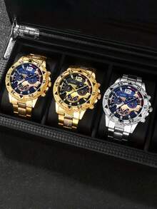 Reloj de pulsera de acero inoxidable de alta gama con 3 esferas, cristal luminoso y esfera redonda para hombres - Multicolor - Ver 11
